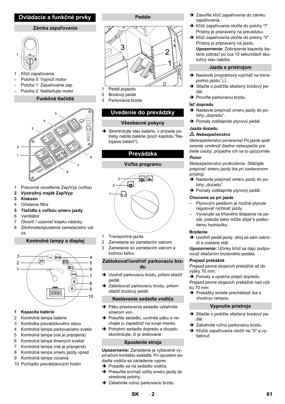 Ovládacie a funkčné prvky, Uvedenie do prevádzky, Prevádzka | Karcher KM 130-300 BAT User Manual | Page 61 / 88