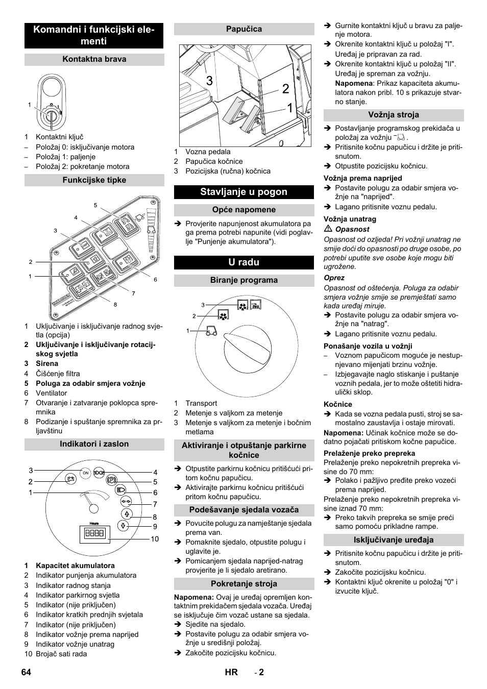 Komandni i funkcijski ele- menti, Stavljanje u pogon, U radu | Karcher KM 130-300 BAT User Manual | Page 64 / 88