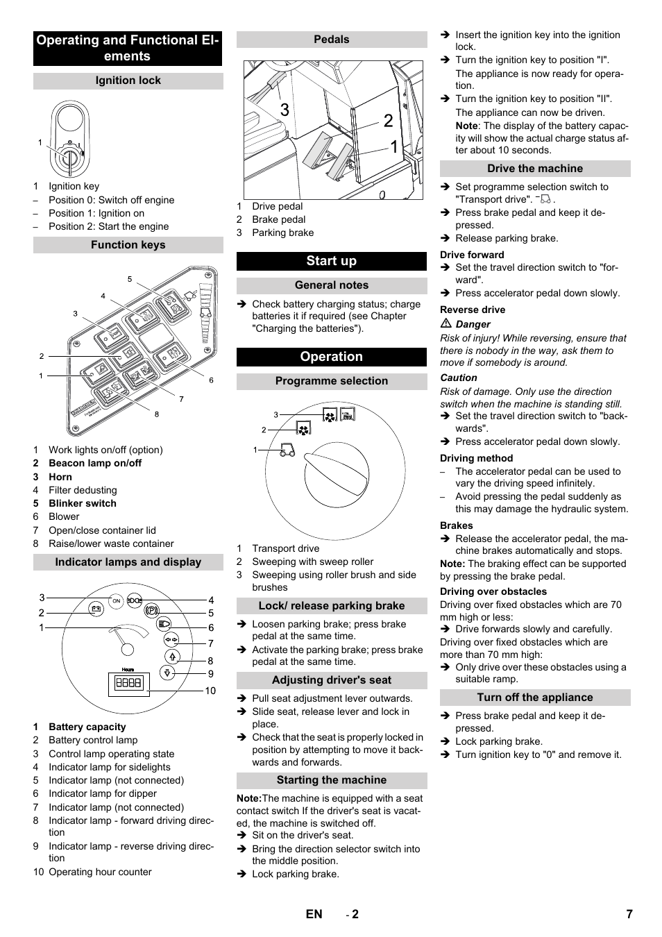 Operating and functional el- ements, Start up, Operation | Karcher KM 130-300 BAT User Manual | Page 7 / 88