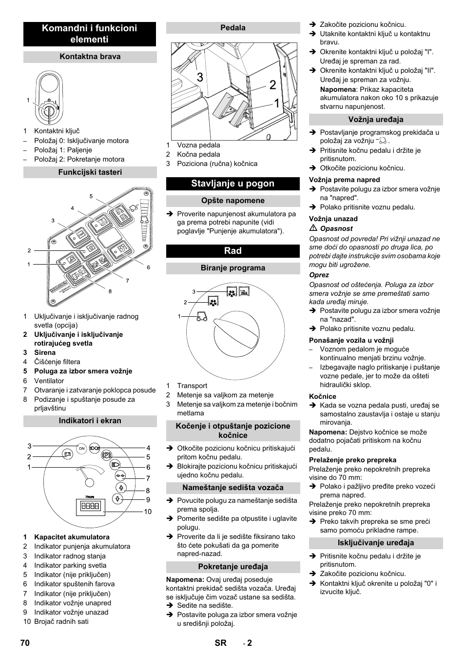 Komandni i funkcioni elementi, Stavljanje u pogon | Karcher KM 130-300 BAT User Manual | Page 70 / 88