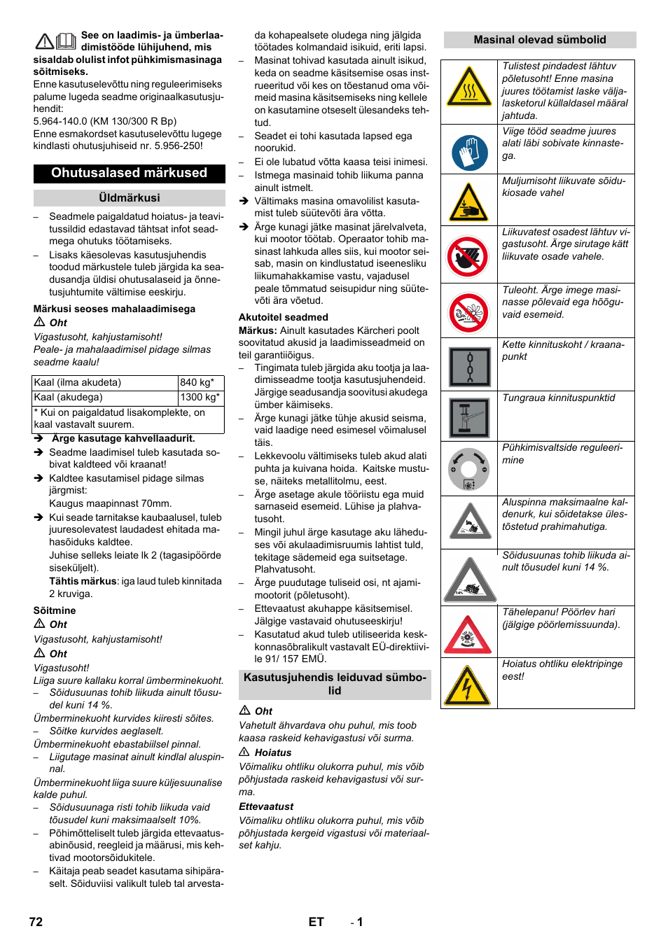 Eesti, Ohutusalased märkused | Karcher KM 130-300 BAT User Manual | Page 72 / 88