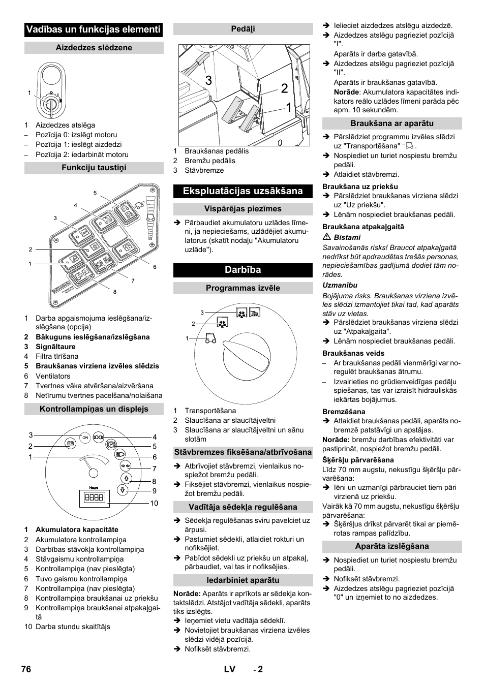 Vadības un funkcijas elementi, Ekspluatācijas uzsākšana, Darbība | Karcher KM 130-300 BAT User Manual | Page 76 / 88