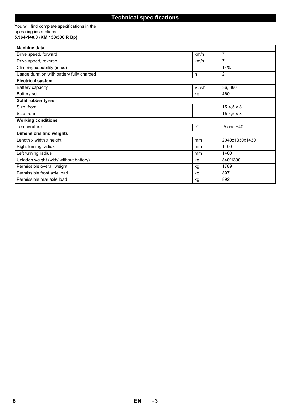Technical specifications | Karcher KM 130-300 BAT User Manual | Page 8 / 88