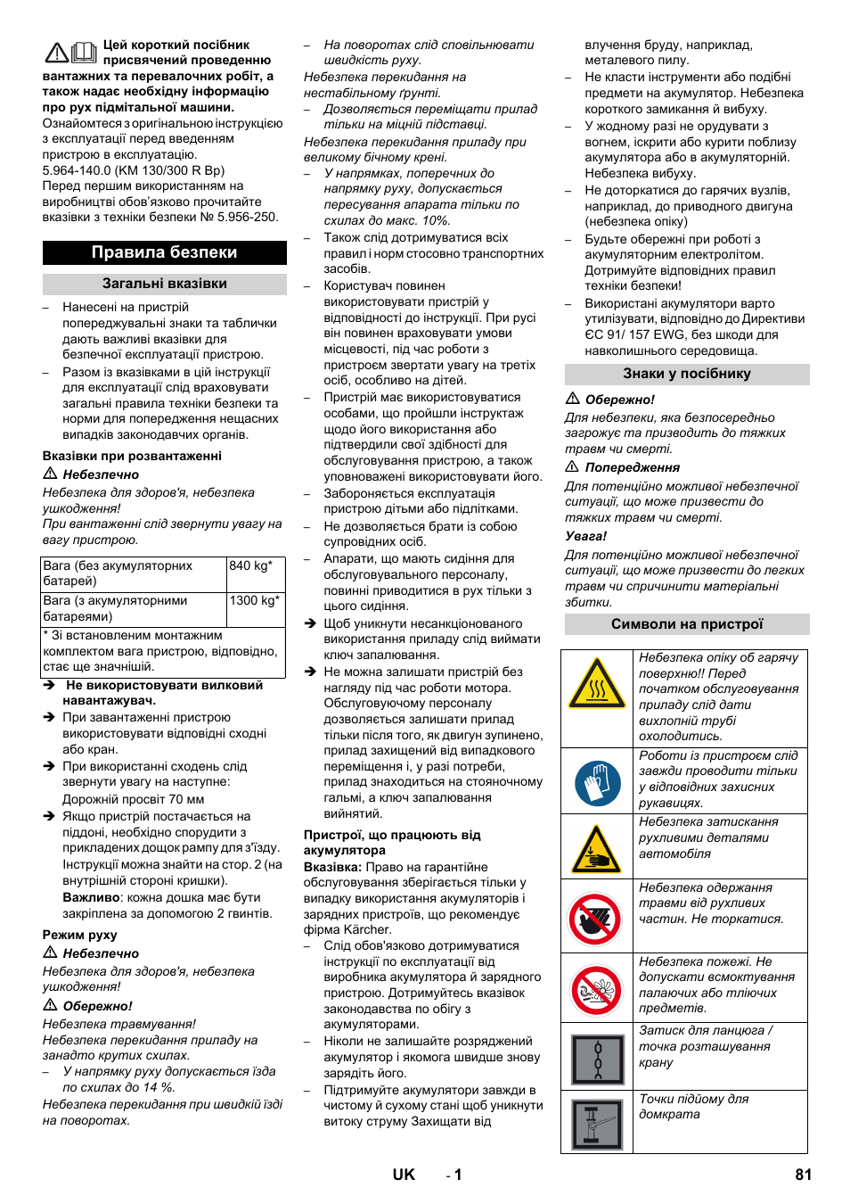 Українська, Правила безпеки | Karcher KM 130-300 BAT User Manual | Page 81 / 88