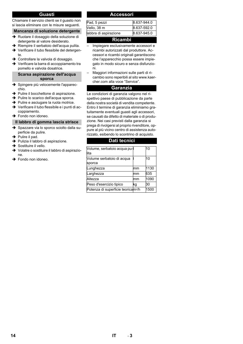 Guasti, Mancanza di soluzione detergente, Scarsa aspirazione dell'acqua sporca | Il labbro di gomma lascia strisce, Accessori, Ricambi, Garanzia, Dati tecnici, Ricambi garanzia dati tecnici | Karcher B 60-10 C HYGIENE User Manual | Page 14 / 28
