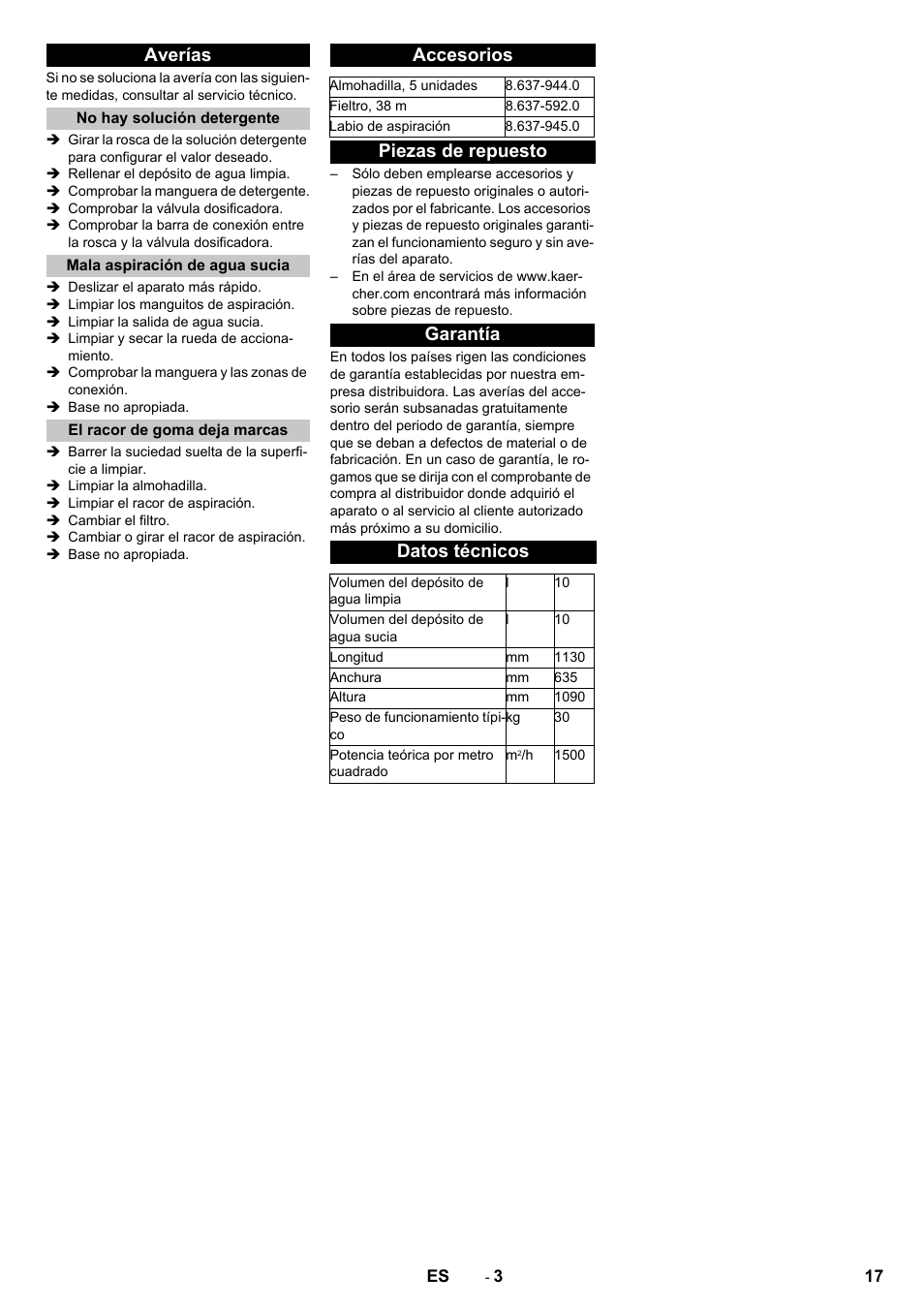 Averías, No hay solución detergente, Mala aspiración de agua sucia | El racor de goma deja marcas, Accesorios, Piezas de repuesto, Garantía, Datos técnicos, Piezas de repuesto garantía datos técnicos | Karcher B 60-10 C HYGIENE User Manual | Page 17 / 28