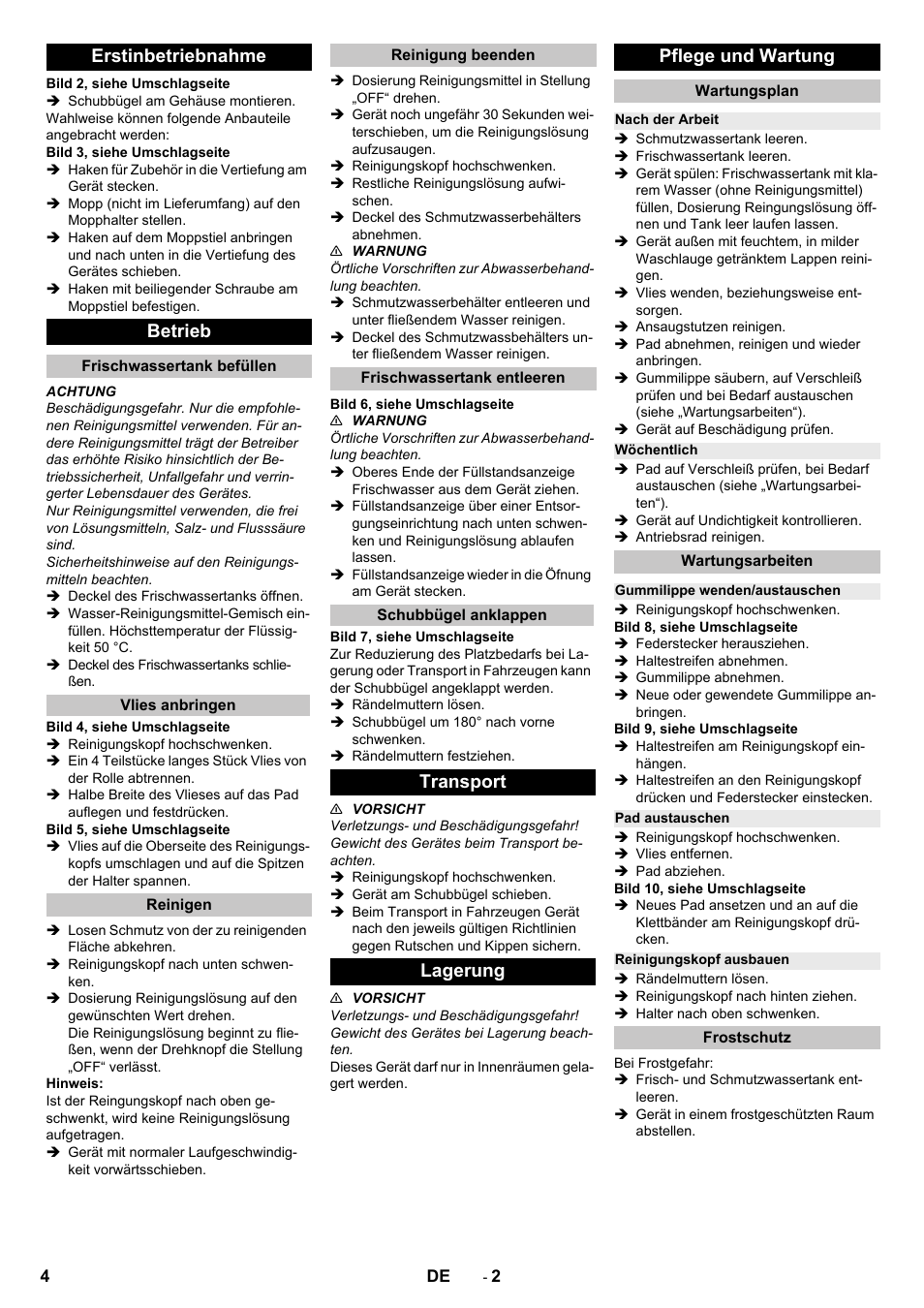 Erstinbetriebnahme, Betrieb, Frischwassertank befüllen | Vlies anbringen, Reinigen, Reinigung beenden, Frischwassertank entleeren, Schubbügel anklappen, Transport, Lagerung | Karcher B 60-10 C HYGIENE User Manual | Page 4 / 28