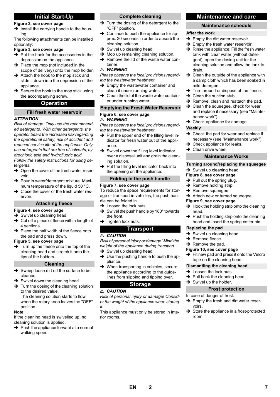Initial start-up, Operation, Fill fresh water reservoir | Attaching fleece, Cleaning, Complete cleaning, Emptying the fresh water reservoir, Folding in the push handle, Transport, Storage | Karcher B 60-10 C HYGIENE User Manual | Page 7 / 28