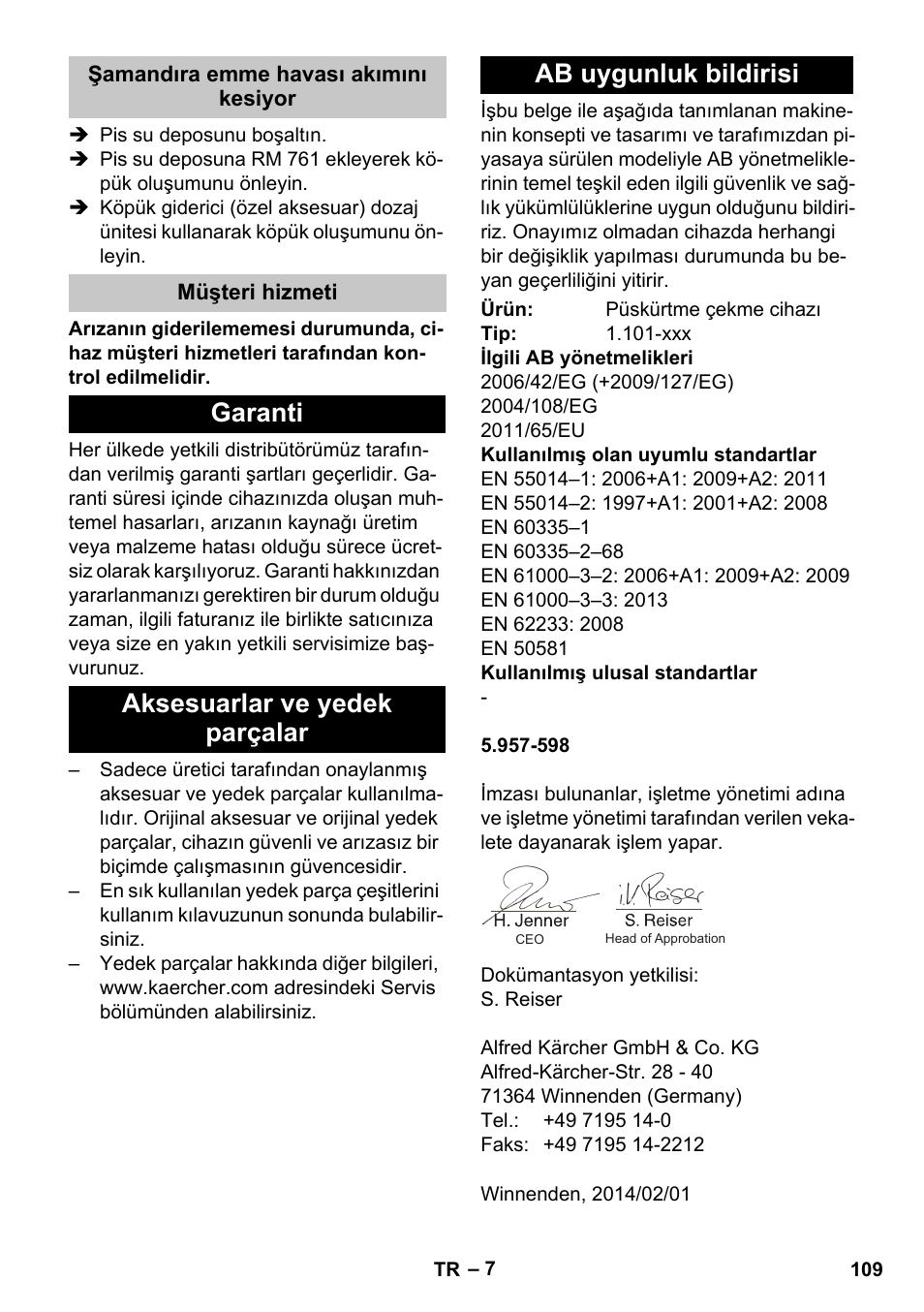 Şamandıra emme havası akımını kesiyor, Müşteri hizmeti, Garanti | Aksesuarlar ve yedek parçalar, Ab uygunluk bildirisi | Karcher PUZZI 30-4 User Manual | Page 109 / 232