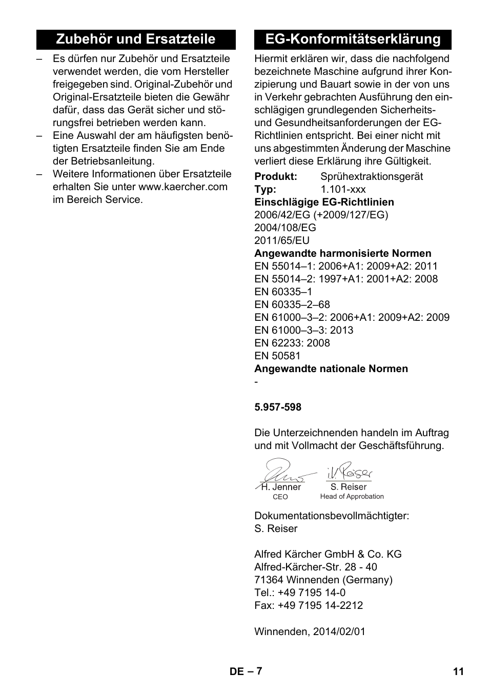 Zubehör und ersatzteile, Eg-konformitätserklärung, Zubehör und ersatzteile eg-konformitätserklärung | Karcher PUZZI 30-4 User Manual | Page 11 / 232