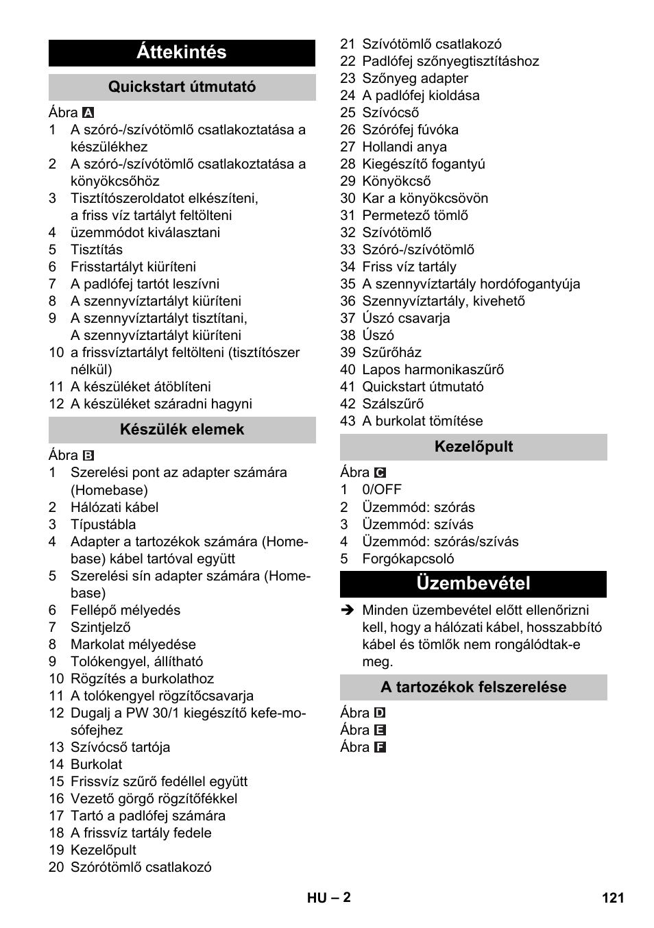 Áttekintés, Quickstart útmutató, Készülék elemek | Kezelőpult, Üzembevétel, A tartozékok felszerelése | Karcher PUZZI 30-4 User Manual | Page 121 / 232