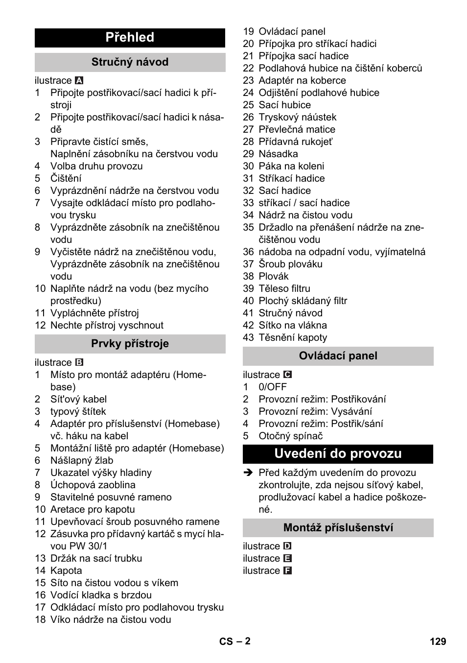 Přehled, Stručný návod, Prvky přístroje | Ovládací panel, Uvedení do provozu, Montáž příslušenství | Karcher PUZZI 30-4 User Manual | Page 129 / 232