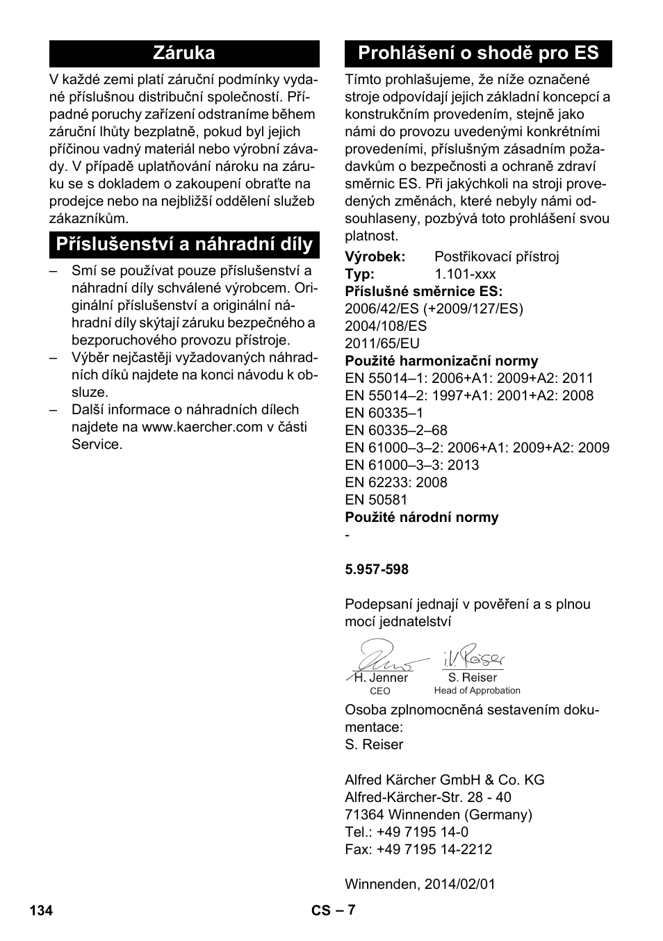 Záruka, Příslušenství a náhradní díly, Prohlášení o shodě pro es | Karcher PUZZI 30-4 User Manual | Page 134 / 232