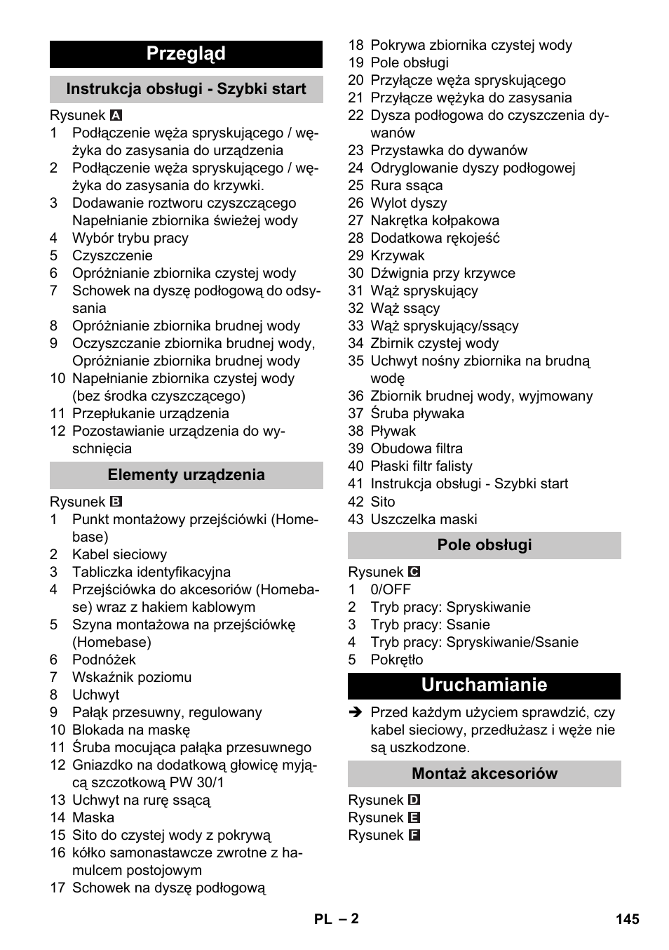 Przegląd, Instrukcja obsługi - szybki start, Elementy urządzenia | Pole obsługi, Uruchamianie, Montaż akcesoriów | Karcher PUZZI 30-4 User Manual | Page 145 / 232