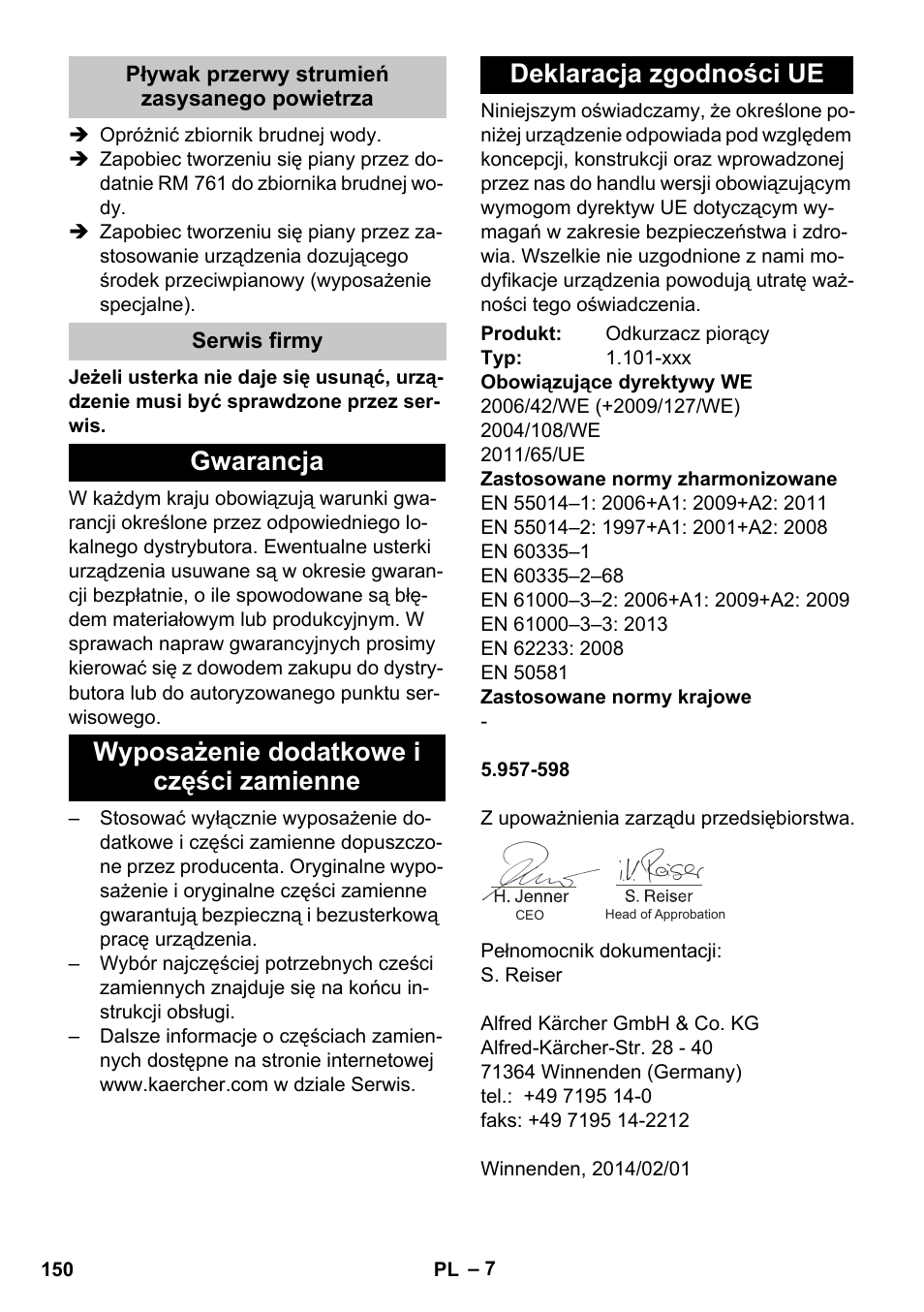 Pływak przerwy strumień zasysanego powietrza, Serwis firmy, Gwarancja | Wyposażenie dodatkowe i części zamienne, Deklaracja zgodności ue | Karcher PUZZI 30-4 User Manual | Page 150 / 232