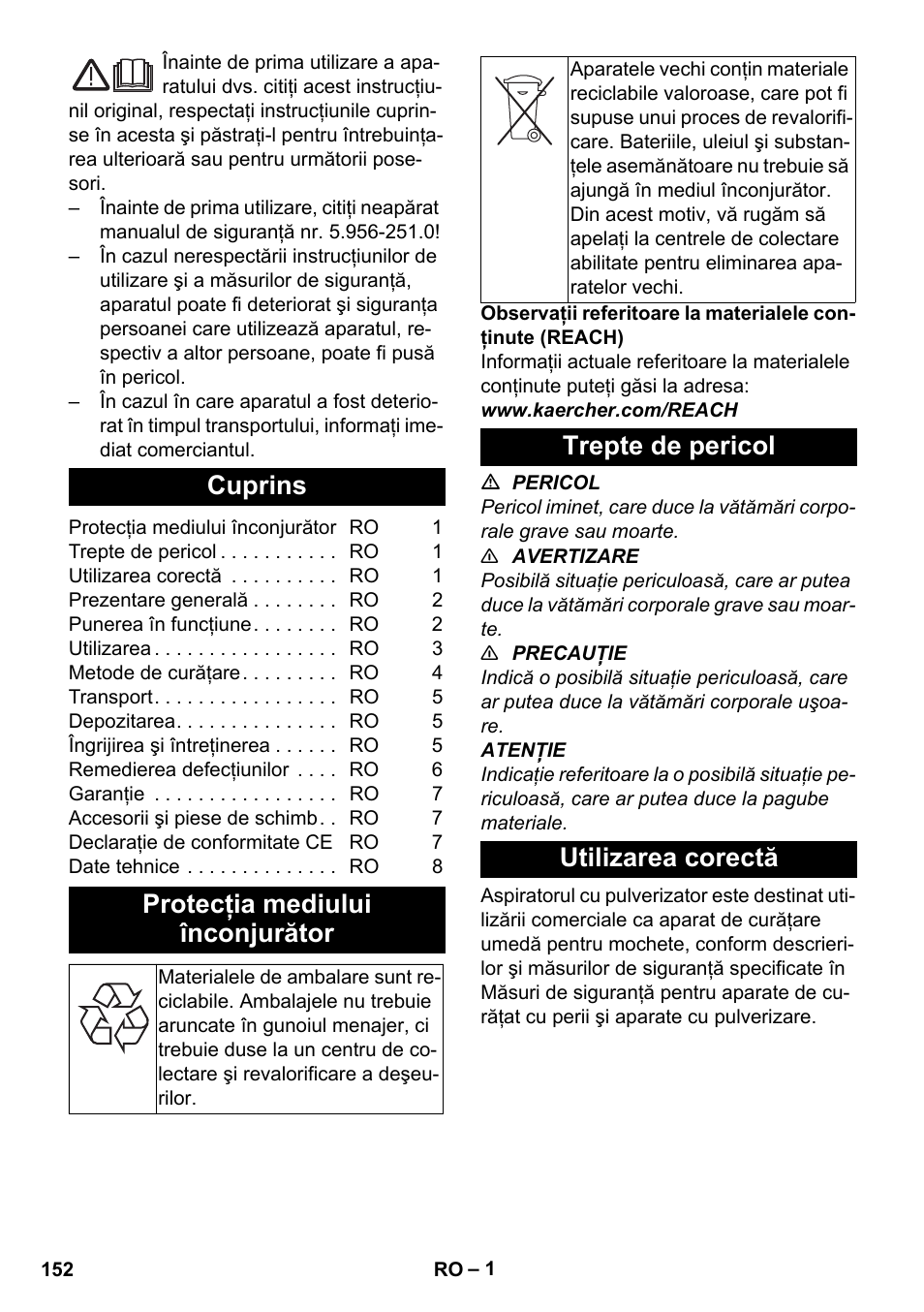 Româneşte, Cuprins, Protecţia mediului înconjurător | Trepte de pericol, Utilizarea corectă, Trepte de pericol utilizarea corectă | Karcher PUZZI 30-4 User Manual | Page 152 / 232