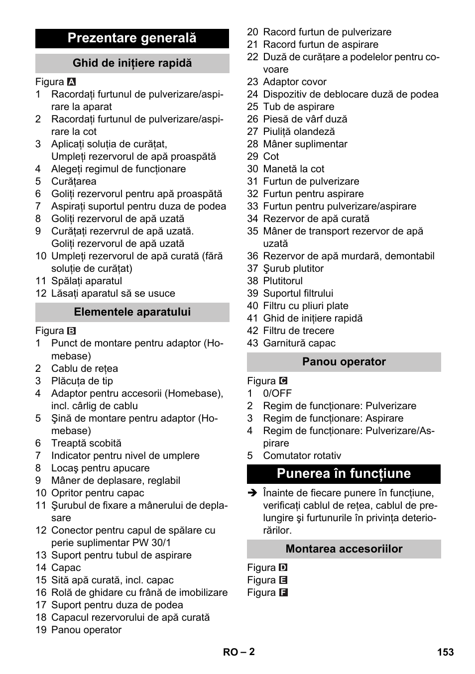 Prezentare generală, Ghid de iniţiere rapidă, Elementele aparatului | Panou operator, Punerea în funcţiune, Montarea accesoriilor | Karcher PUZZI 30-4 User Manual | Page 153 / 232