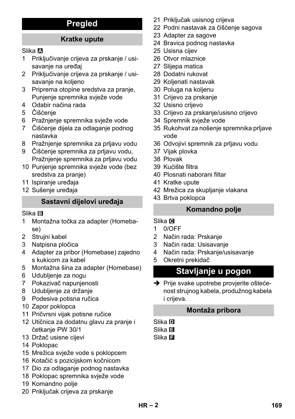 Pregled, Kratke upute, Sastavni dijelovi uređaja | Komandno polje, Stavljanje u pogon, Montaža pribora | Karcher PUZZI 30-4 User Manual | Page 169 / 232