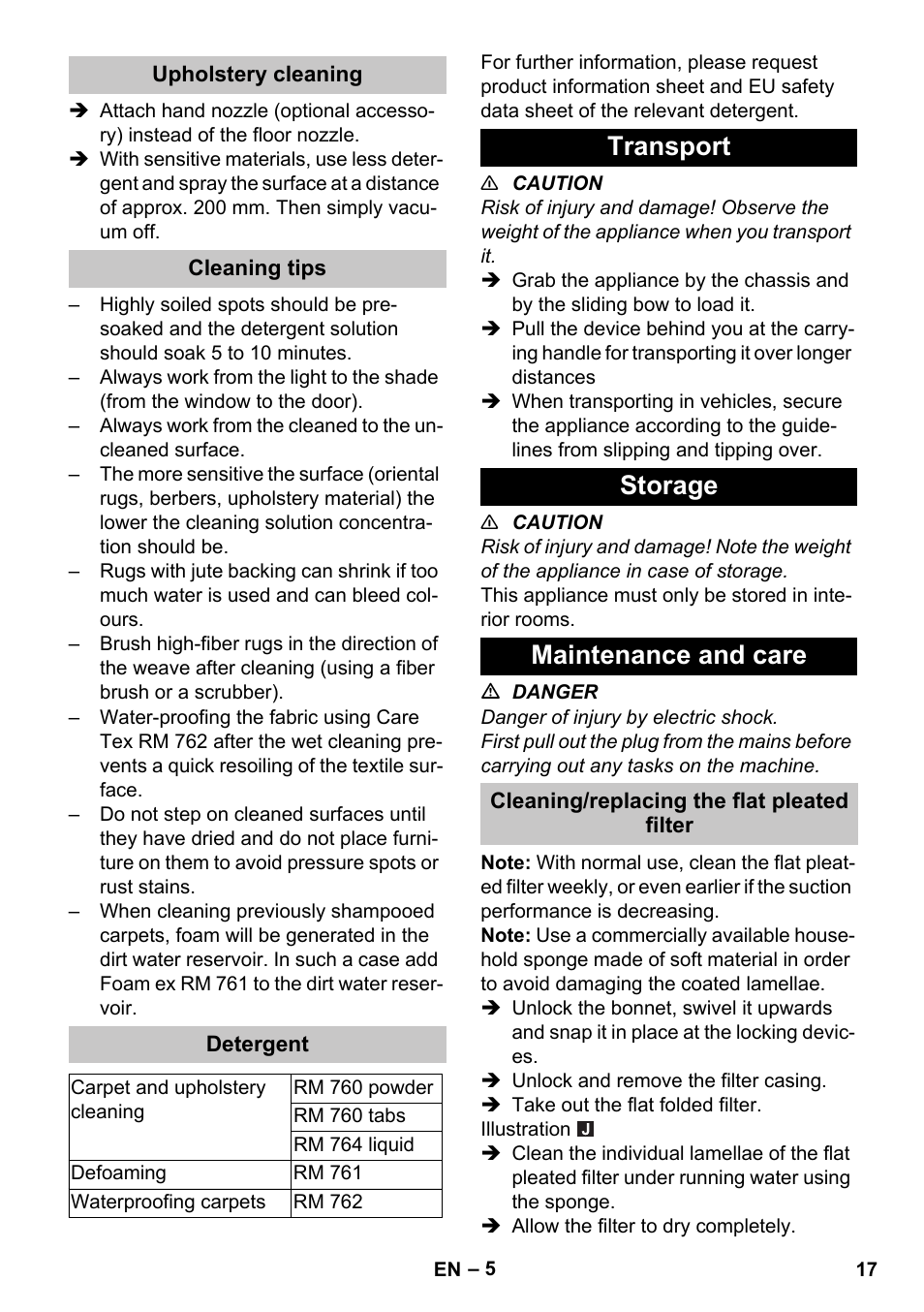 Upholstery cleaning, Cleaning tips, Detergent | Transport, Storage, Maintenance and care, Cleaning/replacing the flat pleated filter, Transport storage maintenance and care | Karcher PUZZI 30-4 User Manual | Page 17 / 232