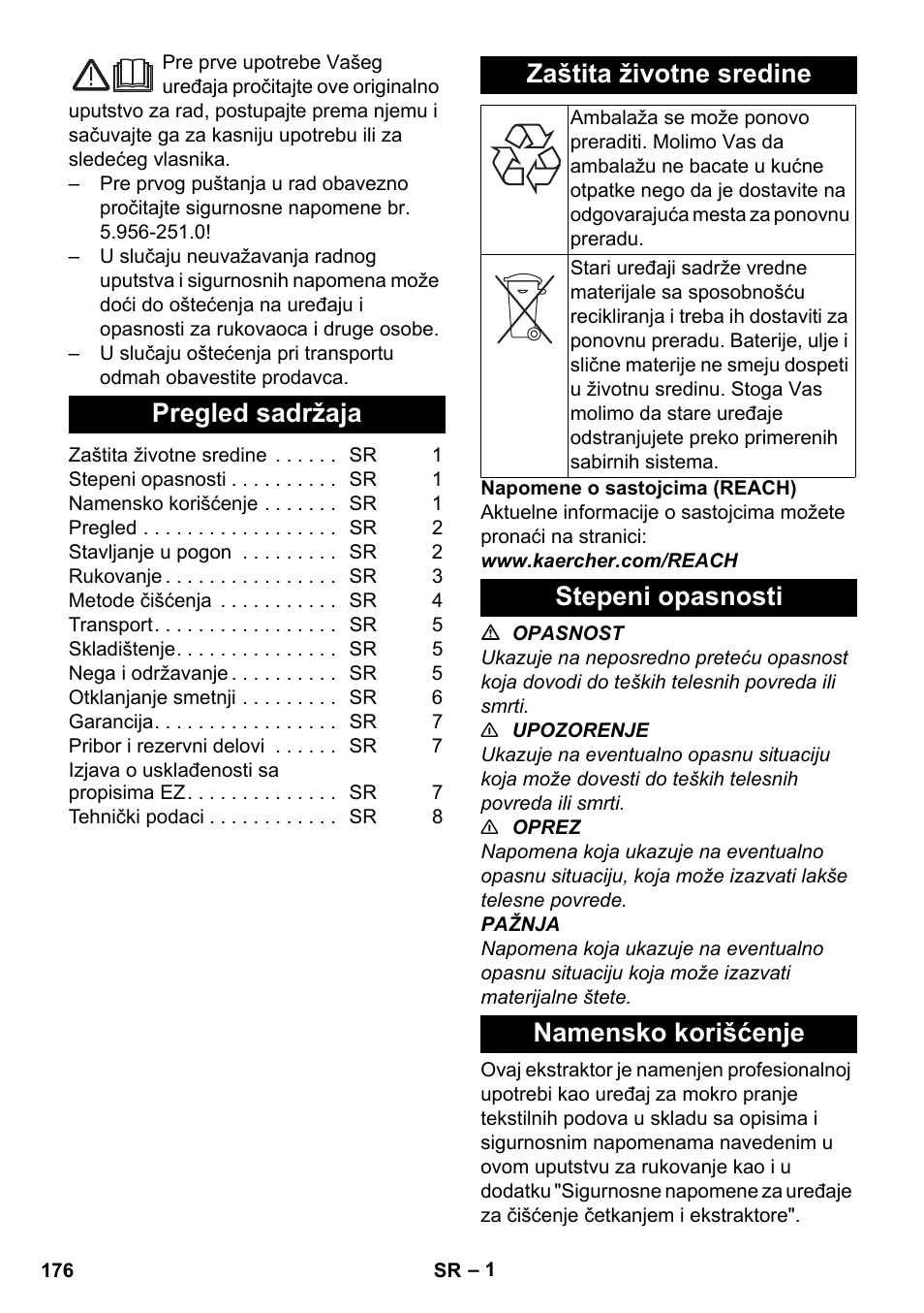 Srpski, Pregled sadržaja, Zaštita životne sredine | Stepeni opasnosti, Namensko korišćenje, Stepeni opasnosti namensko korišćenje | Karcher PUZZI 30-4 User Manual | Page 176 / 232