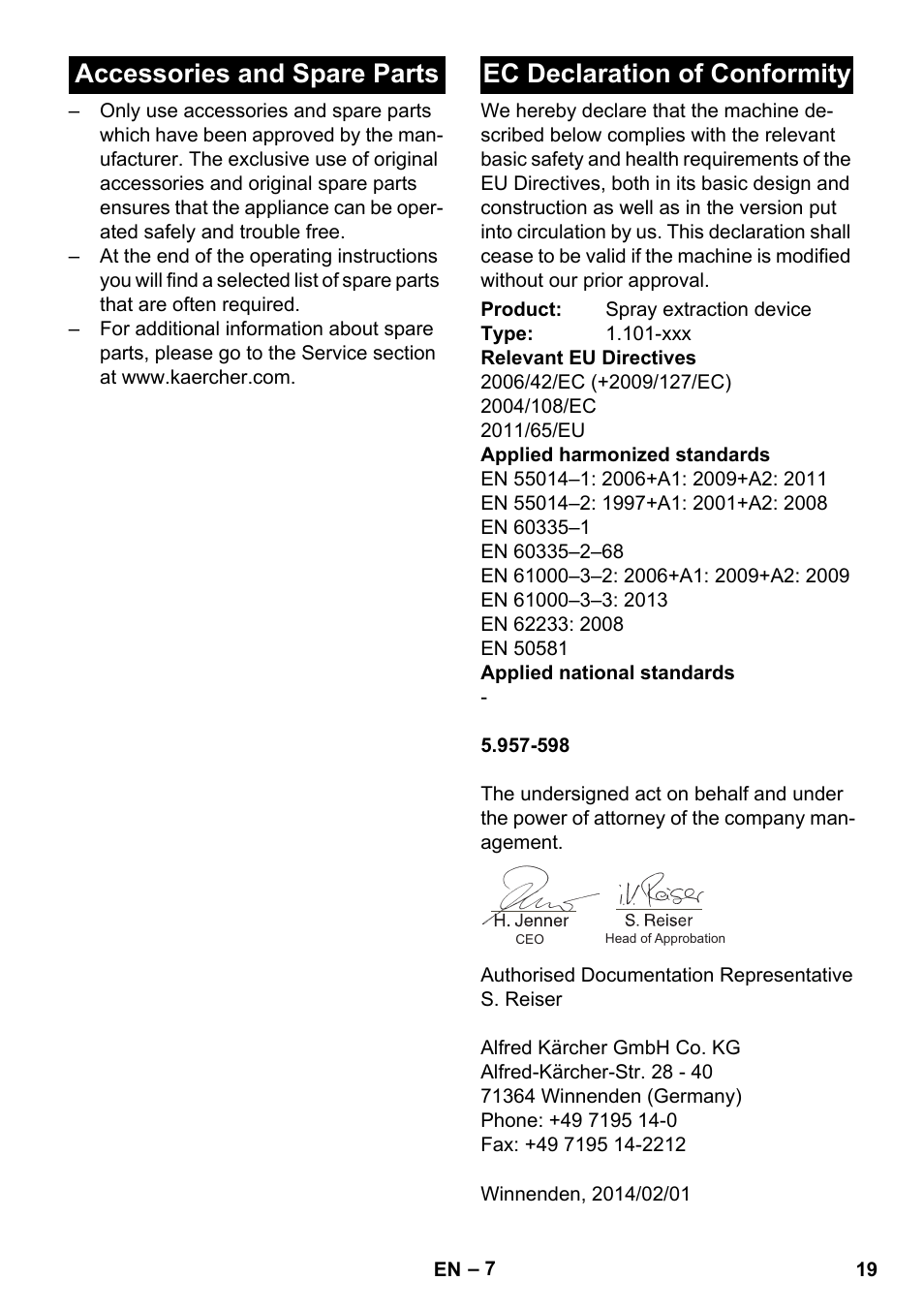 Accessories and spare parts, Ec declaration of conformity | Karcher PUZZI 30-4 User Manual | Page 19 / 232