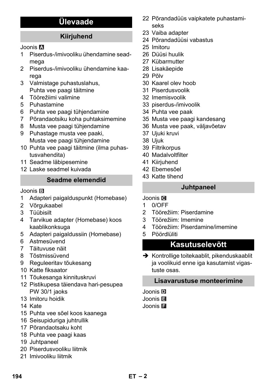 Ülevaade, Kiirjuhend, Seadme elemendid | Juhtpaneel, Kasutuselevõtt, Lisavarustuse monteerimine | Karcher PUZZI 30-4 User Manual | Page 194 / 232