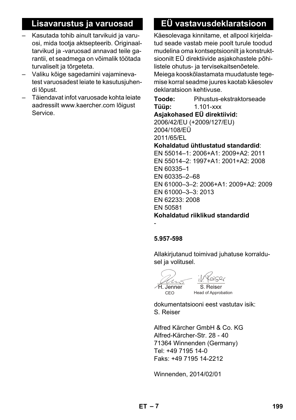 Lisavarustus ja varuosad, Eü vastavusdeklaratsioon, Lisavarustus ja varuosad eü vastavusdeklaratsioon | Karcher PUZZI 30-4 User Manual | Page 199 / 232