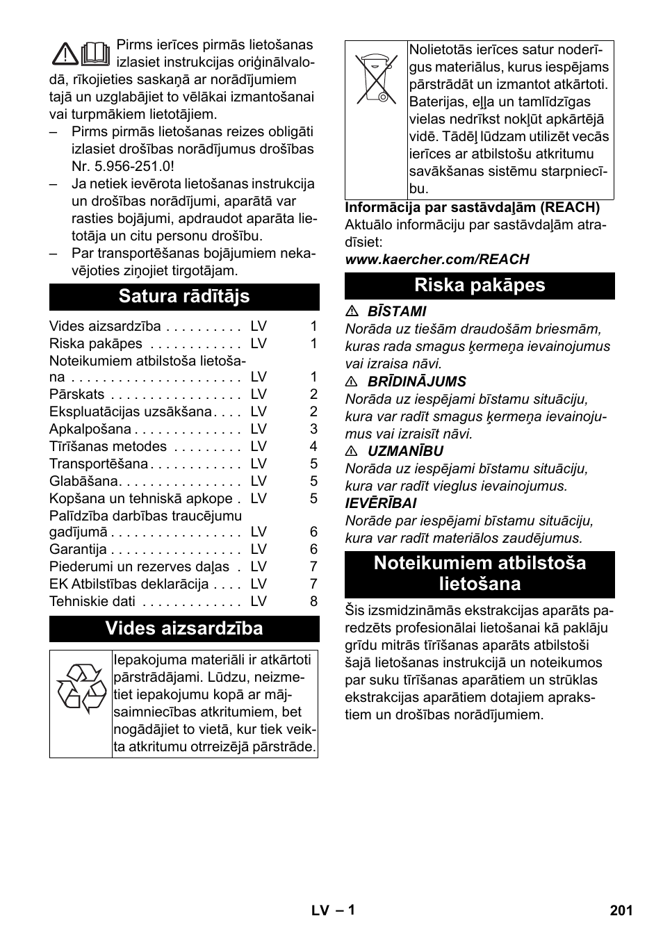 Latviešu, Satura rādītājs, Vides aizsardzība | Riska pakāpes, Noteikumiem atbilstoša lietošana | Karcher PUZZI 30-4 User Manual | Page 201 / 232