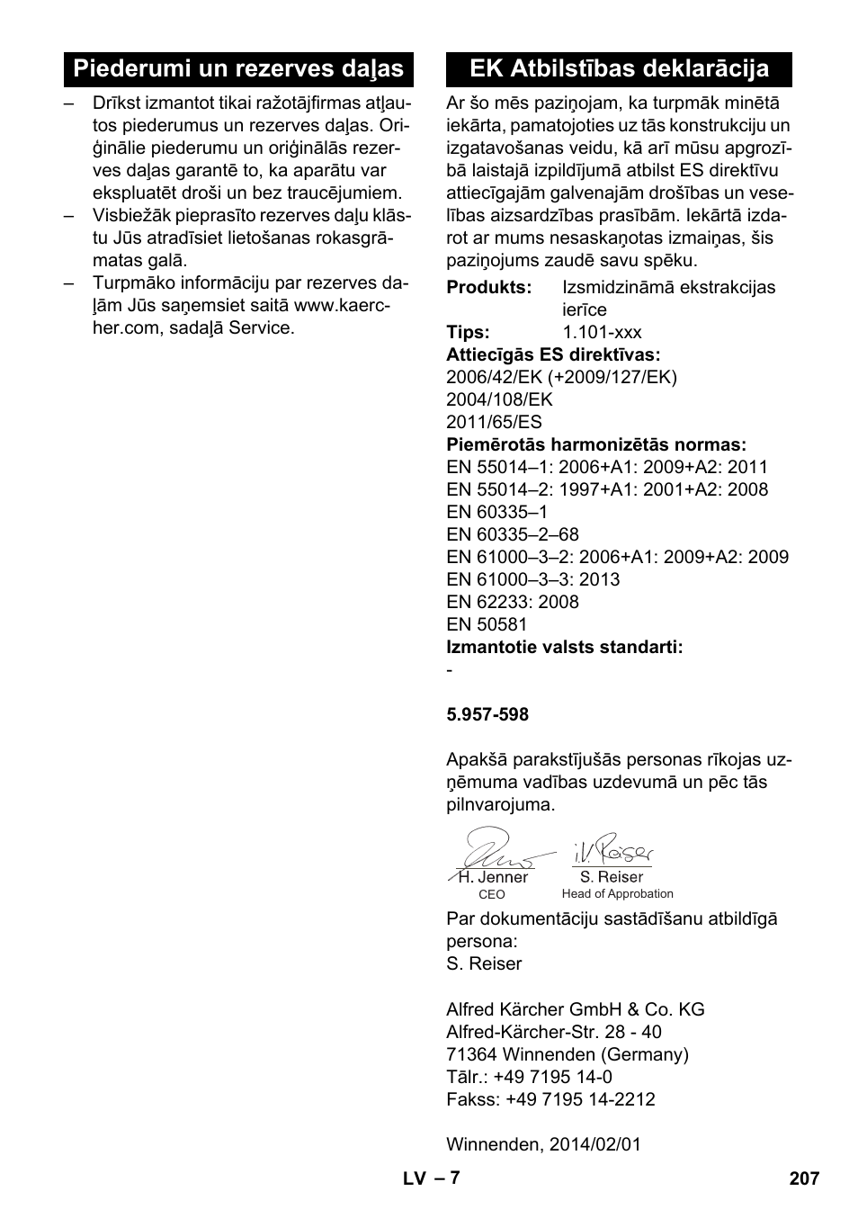 Piederumi un rezerves daļas, Ek atbilstības deklarācija | Karcher PUZZI 30-4 User Manual | Page 207 / 232