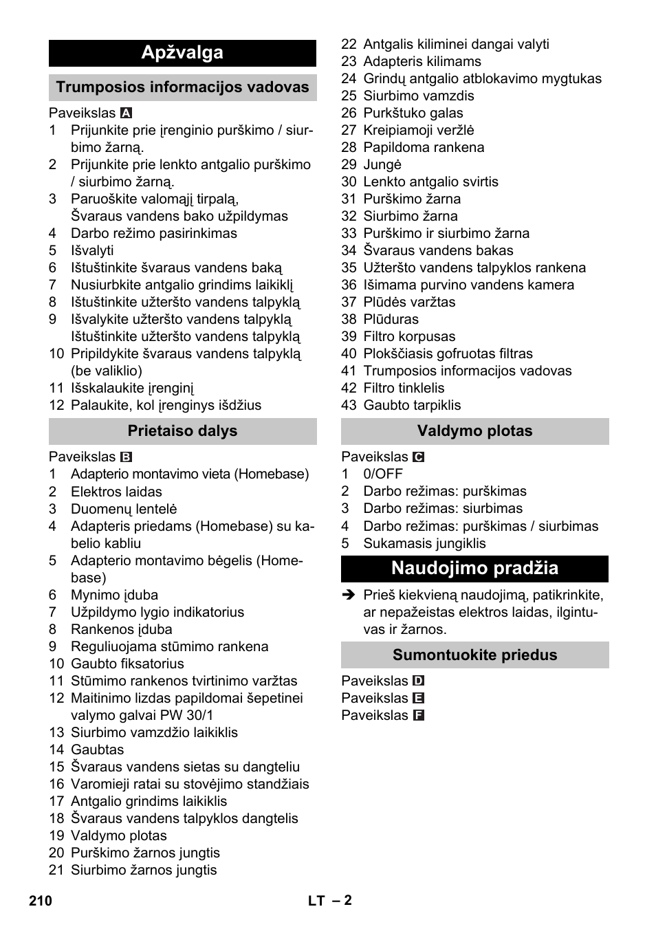 Apžvalga, Trumposios informacijos vadovas, Prietaiso dalys | Valdymo plotas, Naudojimo pradžia, Sumontuokite priedus | Karcher PUZZI 30-4 User Manual | Page 210 / 232