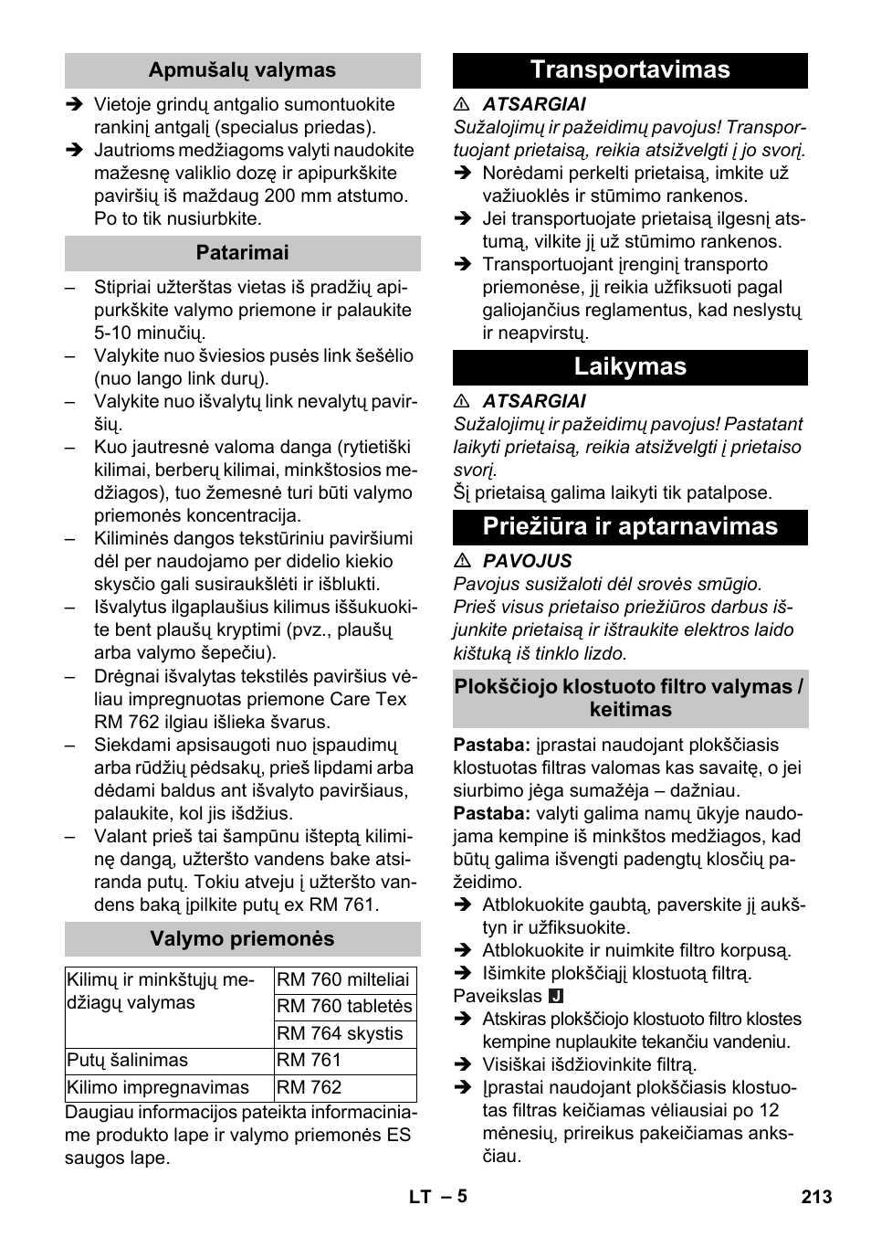Apmušalų valymas, Patarimai, Valymo priemonės | Transportavimas, Laikymas, Priežiūra ir aptarnavimas, Plokščiojo klostuoto filtro valymas / keitimas, Transportavimas laikymas priežiūra ir aptarnavimas | Karcher PUZZI 30-4 User Manual | Page 213 / 232