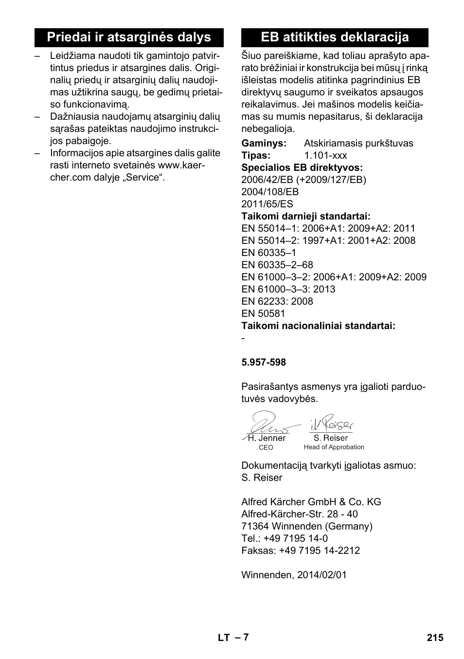 Priedai ir atsarginės dalys, Eb atitikties deklaracija | Karcher PUZZI 30-4 User Manual | Page 215 / 232