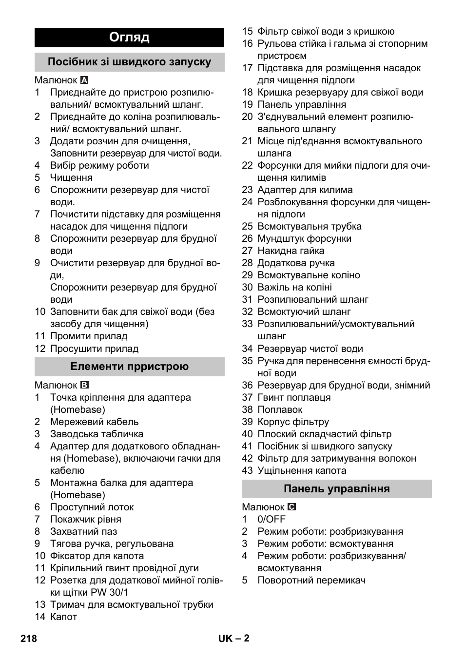 Огляд, Посібник зі швидкого запуску, Елементи прристрою | Панель управління | Karcher PUZZI 30-4 User Manual | Page 218 / 232