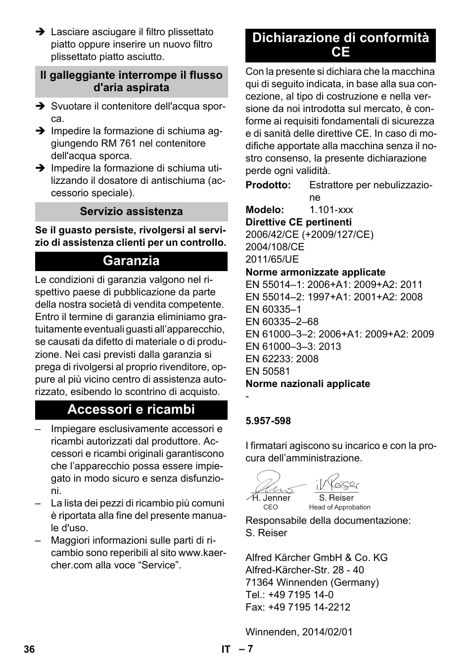 Servizio assistenza, Garanzia, Accessori e ricambi | Dichiarazione di conformità ce | Karcher PUZZI 30-4 User Manual | Page 36 / 232