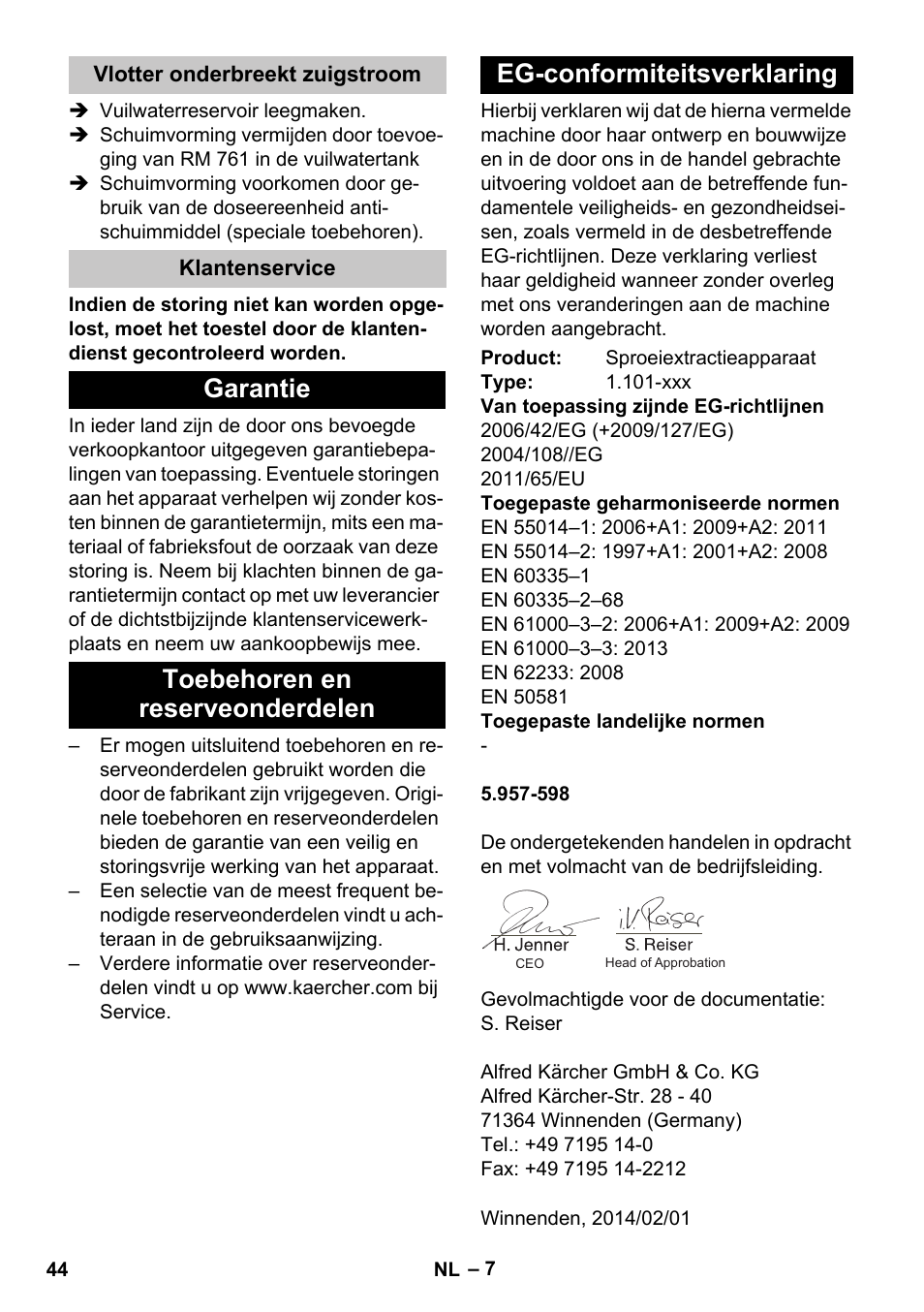 Vlotter onderbreekt zuigstroom, Klantenservice, Garantie | Toebehoren en reserveonderdelen, Eg-conformiteitsverklaring | Karcher PUZZI 30-4 User Manual | Page 44 / 232