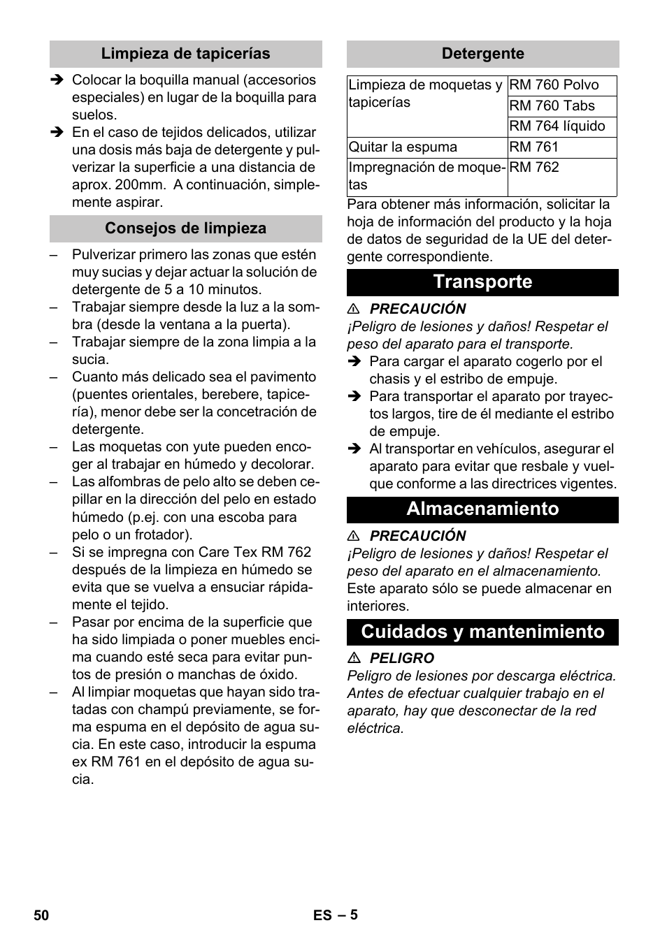 Limpieza de tapicerías, Consejos de limpieza, Detergente | Transporte, Almacenamiento, Cuidados y mantenimiento, Transporte almacenamiento cuidados y mantenimiento | Karcher PUZZI 30-4 User Manual | Page 50 / 232