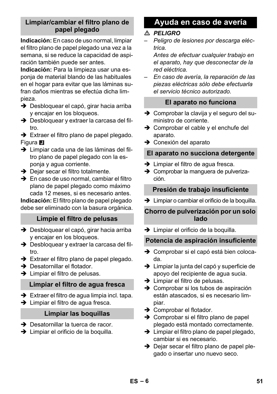 Limpiar/cambiar el filtro plano de papel plegado, Limpie el filtro de pelusas, Limpiar el filtro de agua fresca | Limpiar las boquillas, Ayuda en caso de avería, El aparato no funciona, El aparato no succiona detergente, Presión de trabajo insuficiente, Chorro de pulverización por un solo lado, Potencia de aspiración insuficiente | Karcher PUZZI 30-4 User Manual | Page 51 / 232