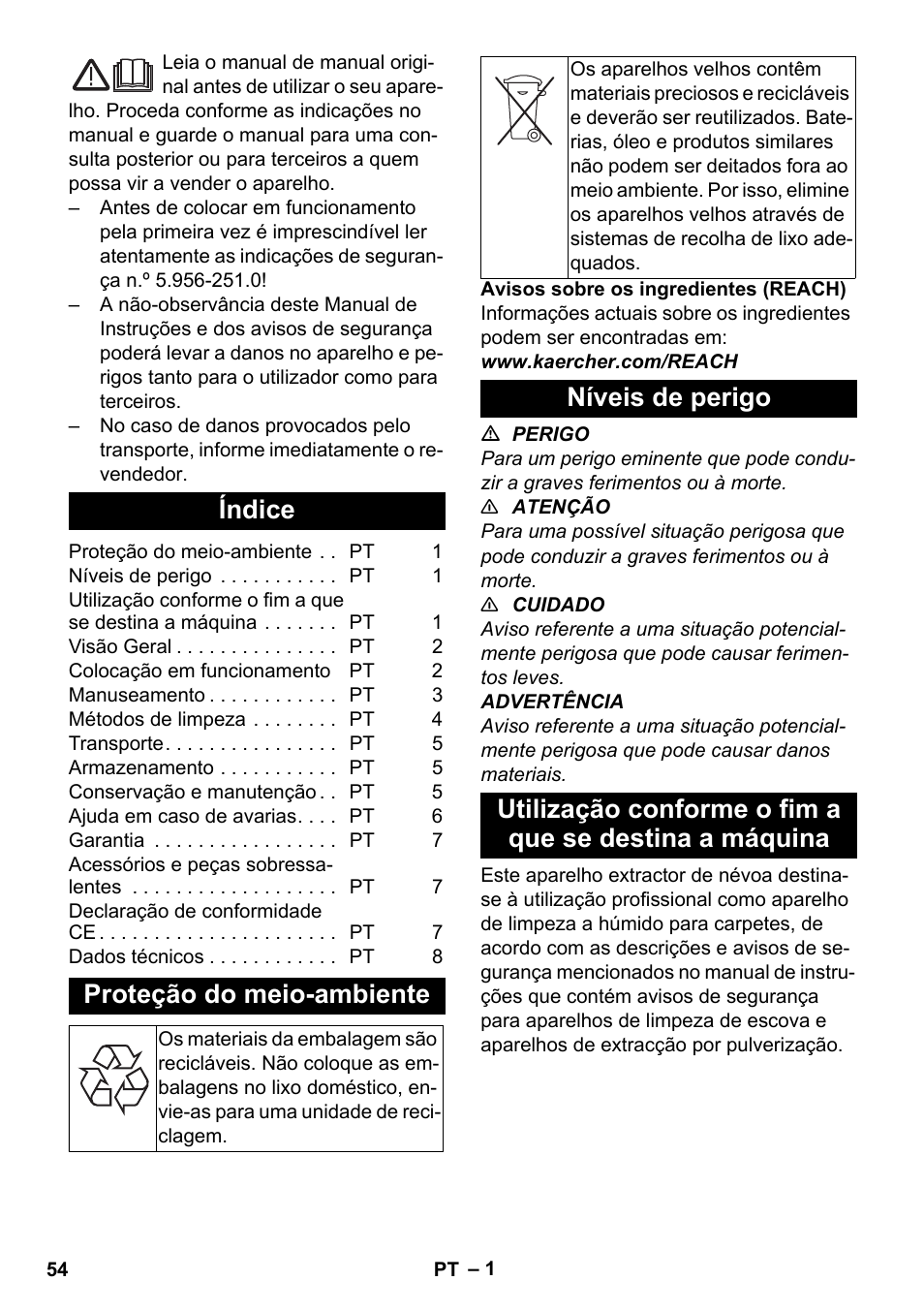 Português, Índice, Proteção do meio-ambiente | Níveis de perigo | Karcher PUZZI 30-4 User Manual | Page 54 / 232