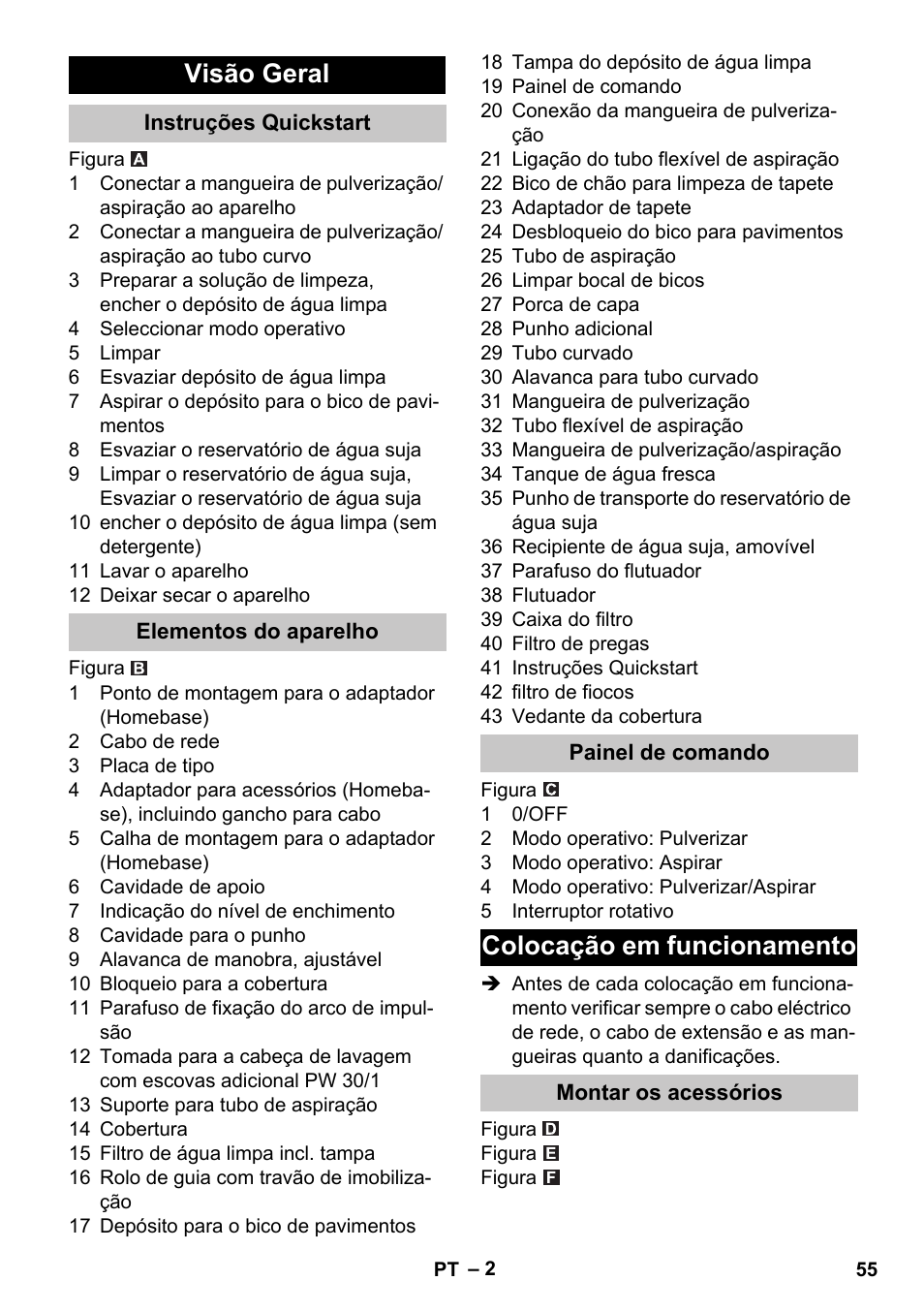 Visão geral, Instruções quickstart, Elementos do aparelho | Painel de comando, Colocação em funcionamento, Montar os acessórios | Karcher PUZZI 30-4 User Manual | Page 55 / 232