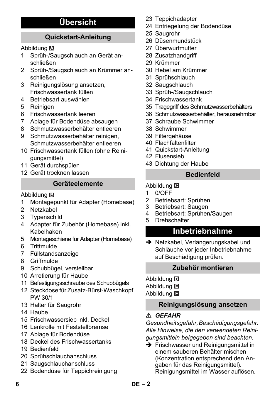 Übersicht, Quickstart-anleitung, Geräteelemente | Bedienfeld, Inbetriebnahme, Zubehör montieren, Reinigungslösung ansetzen | Karcher PUZZI 30-4 User Manual | Page 6 / 232