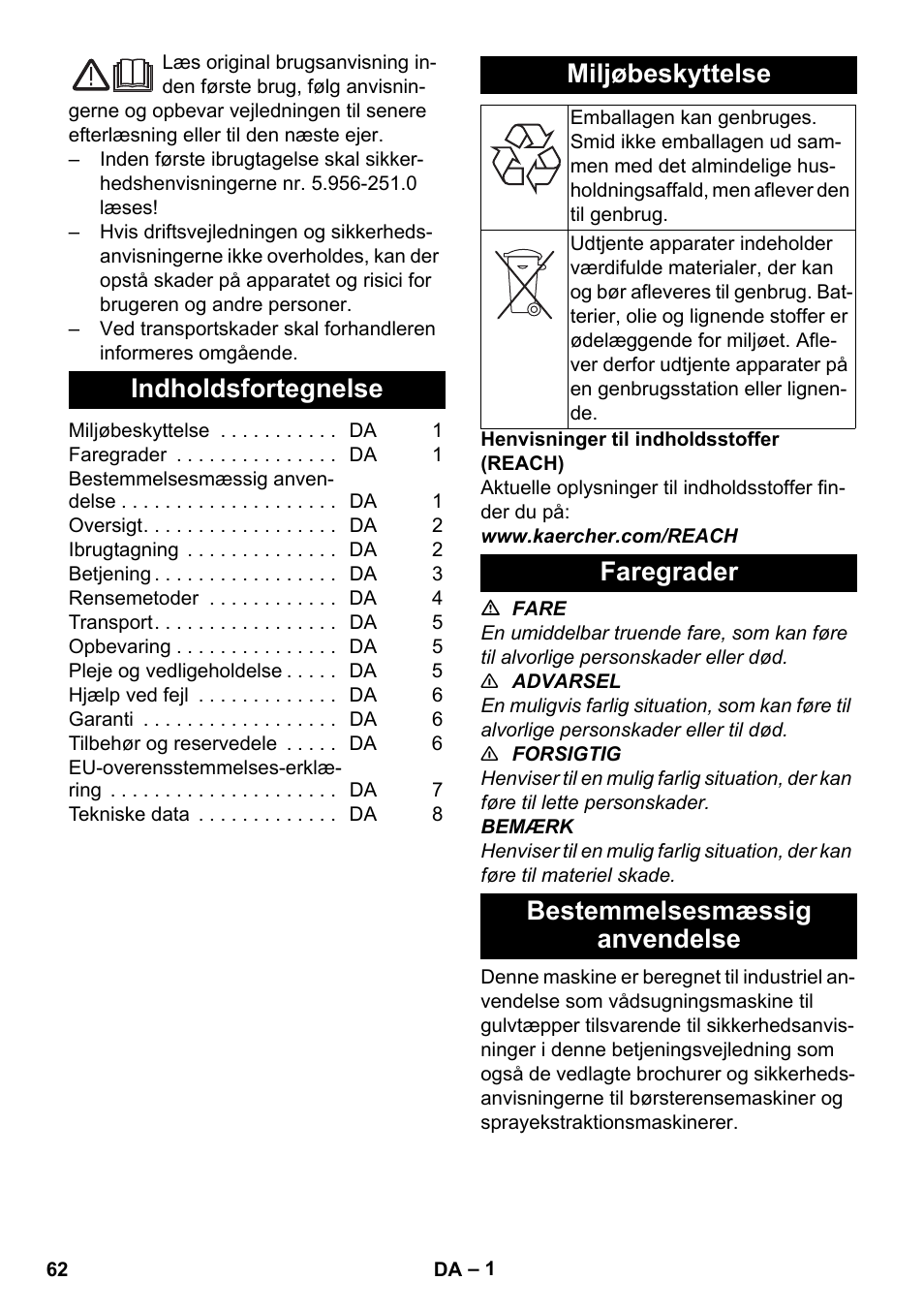 Dansk, Indholdsfortegnelse, Miljøbeskyttelse | Faregrader, Bestemmelsesmæssig anvendelse, Faregrader bestemmelsesmæssig anvendelse | Karcher PUZZI 30-4 User Manual | Page 62 / 232