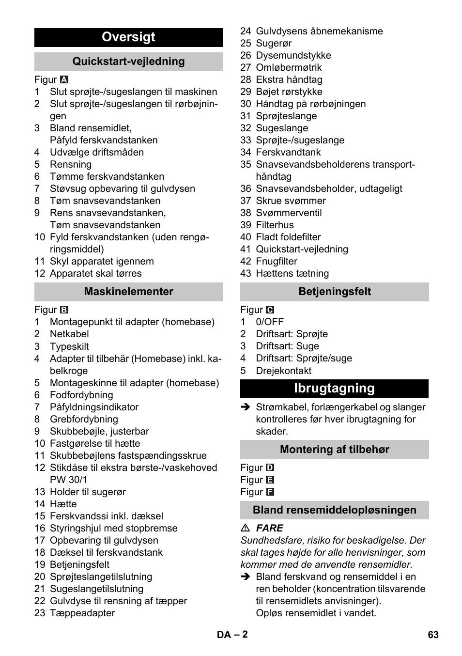 Oversigt, Quickstart-vejledning, Maskinelementer | Betjeningsfelt, Ibrugtagning, Montering af tilbehør, Bland rensemiddelopløsningen | Karcher PUZZI 30-4 User Manual | Page 63 / 232