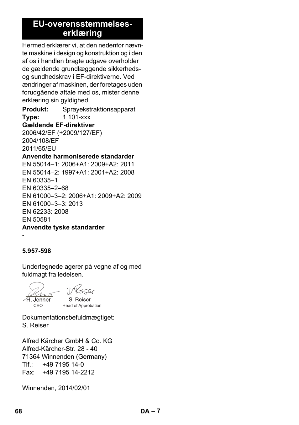 Eu-overensstemmelses- erklæring | Karcher PUZZI 30-4 User Manual | Page 68 / 232