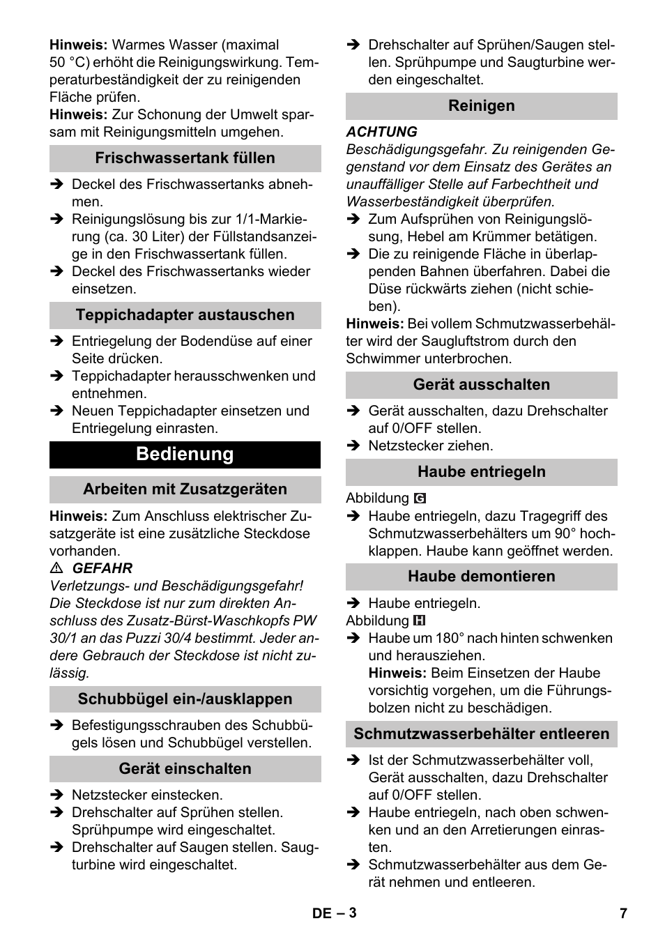 Frischwassertank füllen, Teppichadapter austauschen, Bedienung | Arbeiten mit zusatzgeräten, Schubbügel ein-/ausklappen, Gerät einschalten, Reinigen, Gerät ausschalten, Haube entriegeln, Haube demontieren | Karcher PUZZI 30-4 User Manual | Page 7 / 232