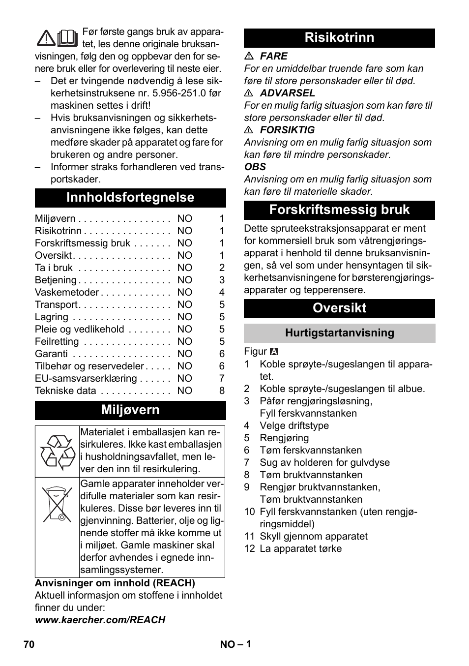 Norsk, Innholdsfortegnelse, Miljøvern | Risikotrinn, Forskriftsmessig bruk, Oversikt, Hurtigstartanvisning, Risikotrinn forskriftsmessig bruk oversikt | Karcher PUZZI 30-4 User Manual | Page 70 / 232