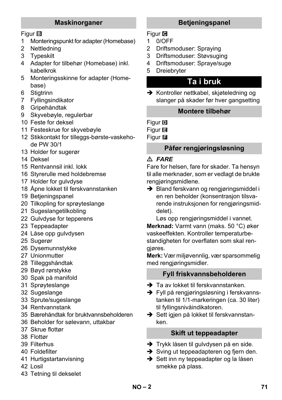 Maskinorganer, Betjeningspanel, Ta i bruk | Montere tilbehør, Påfør rengjøringsløsning, Fyll friskvannsbeholderen, Skift ut teppeadapter | Karcher PUZZI 30-4 User Manual | Page 71 / 232