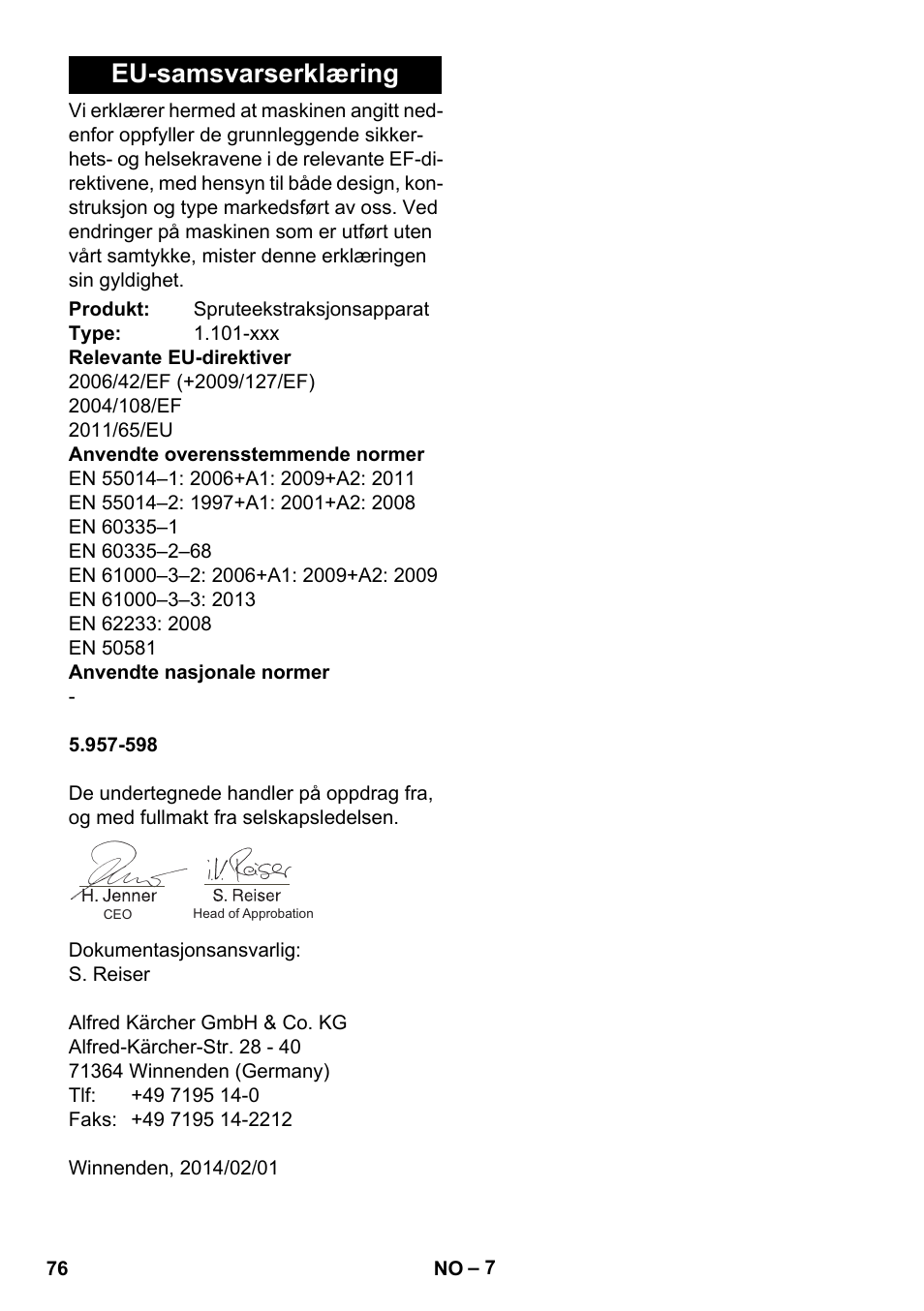 Eu-samsvarserklæring | Karcher PUZZI 30-4 User Manual | Page 76 / 232