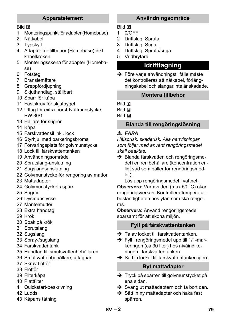 Apparatelement, Användningsområde, Idrifttagning | Montera tillbehör, Blanda till rengöringslösning, Fyll på färskvattentanken, Byt mattadapter | Karcher PUZZI 30-4 User Manual | Page 79 / 232