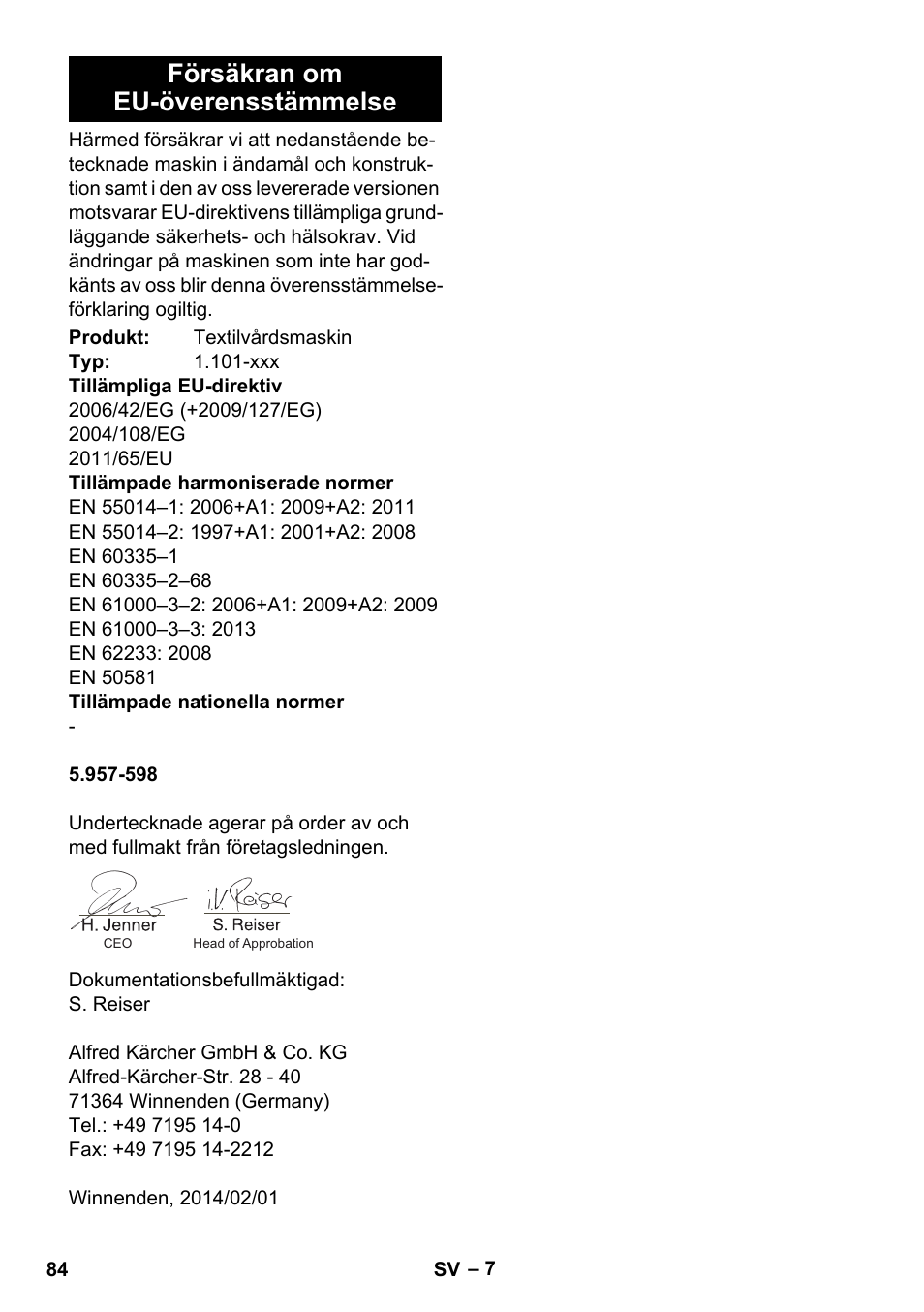 Försäkran om eu-överensstämmelse | Karcher PUZZI 30-4 User Manual | Page 84 / 232