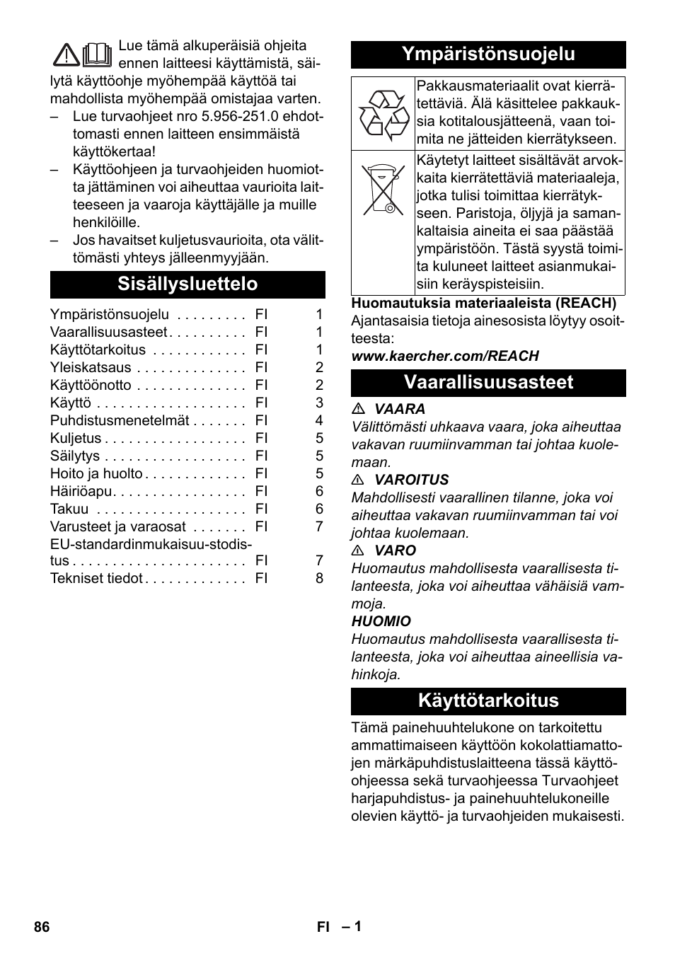 Suomi, Sisällysluettelo, Ympäristönsuojelu | Vaarallisuusasteet, Käyttötarkoitus, Vaarallisuusasteet käyttötarkoitus | Karcher PUZZI 30-4 User Manual | Page 86 / 232